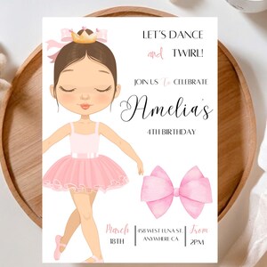 Mädchen Baby bearbeitbare Ballerina-Geburtstags-Party Einladung DIY druckbare niedliche moderne Ballett-Tänzerin laden Tutu Ballerina-Kleid-Digital-Vorlage ein