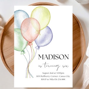 Kids Baby Editable Cute Watercolor Coloful Balloon Birthday Invitation Template, Children Downloadable Rainbow Balloons Party Canva Invite