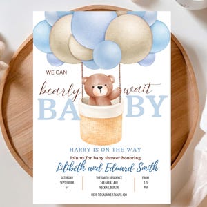 Niedlicher sofortiger Download bearbeitbare Babyparty-Teddybär-Heißluftballon-Themeneinladung, können wir Bärenblau-Braunbaby-Einladungsschablone warten