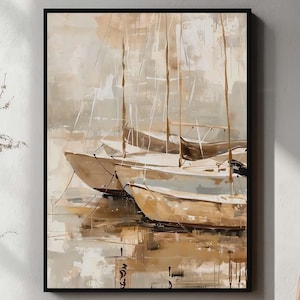 Cuadro de velero en tonos neutros, impresión de escena náutica serena, póster, decoración costera rústica, obra de arte marítima, descarga digital OA1-22