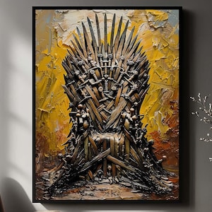Iron Throne Wall Art Epic Fantasy Painting Print Textured Abstract Poster Golden Legendary Sword Throne Artwork Digital Download OA1-13