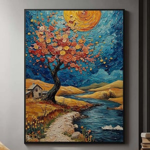 Sunset Landscape Wall Art Textured Palette Knife Painting Print Vibrant Tree And River Artwork Rustic Nature Poster Digital Download OA1-2