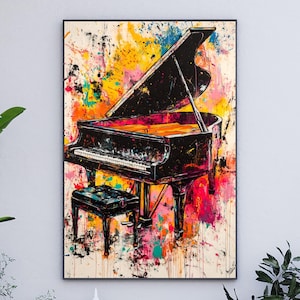 Póster de piano de cola con impresión musical abstracta colorida y vibrante, decoración artística para el hogar para músicos, sala de música, descarga digital PA4-29