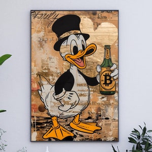 Kaczor Donald Bitcoin Wall Art Crypto Cartoon Plakat Złote Pieniądze Wydruk Vintage Canvas Art Do Biura Lub Salonu Pobieranie Cyfrowe PA4-17