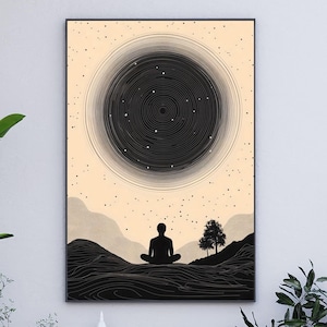 Póster de cielo estrellado espiritual con arte de pared de meditación minimalista, impresión zen cósmica, arte de paisaje pacífico, decoración de atención plena, descarga digital PA6-15