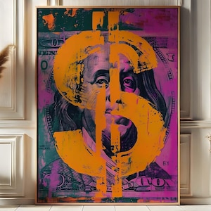Arte de parede de cifrão de grafite Pop Money Poster Abstrato Moeda Impressão Moderna Decoração Urbana Colorido Benjamin Franklin Download Digital PA7-6