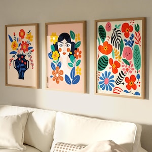 Conjunto de 3 impresiones de arte floral colorido, carteles, retrato de arte popular, decoración de pared de mujer, jarrón vibrante para el hogar con flores, descarga digital MA8