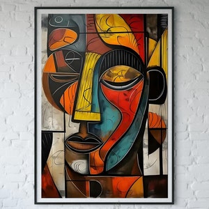 Kubismus Gesicht Wandkunst Modernes abstraktes geometrisches Portrait Druck Bunte Picasso inspirierte Malerei Zeitgenössische Kunst Haus Kunst Digitaler Download AP7