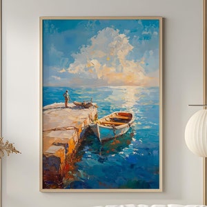 Seaside Dock Wand Kunst Mittelmeer Boot Druck Küste Sonnenaufgang Poster Ozean Szene Dekor Sommer Landschaft Malerei Digital Download PA6-9