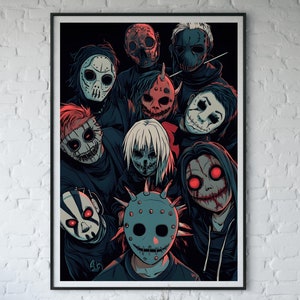 Horror Maske Gruppe Wand Kunst Druck Gruselige Gesichter Poster Gruselige Masked Charaktere Illustration dunkel Gothic Halloween Kunst Digitaler Download PA4-7