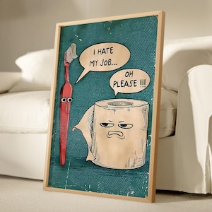 Stampa artistica umoristica per il bagno Carta igienica umoristica e spazzolino da denti Stile Pop Art Decorazione murale comica per il bagno di casa Download digitale PA2-2