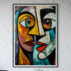 Poster di arte murale con volti astratti, stampa di pittura cubista colorata, design artistico moderno, decorazione espressionista unica, download digitale PA6-48