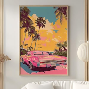 Póster de coche retro rosa en carretera con palmeras de California, impresión de coche estilo años 70, arte de pared tropical, arte de viaje vintage, descarga digital PA2-20