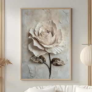 Elegante póster floral texturizado con arte de pared de rosas blancas, impresión de flores en 3D, decoración minimalista de rosas, hermosa obra de arte floral, descarga digital PA5-12