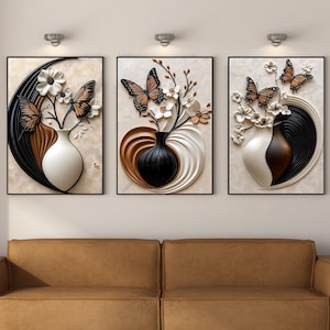 Impresión de arte de pared con mariposas y flores, póster floral 3D moderno, decoración de jarrón, arte abstracto marrón y blanco para sala de estar, descarga digital AP1