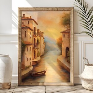 Póster de arte de pared con un romántico pueblo con canal, pintura de puesta de sol cálida, decoración de arquitectura mediterránea, escena serena de barco, descarga digital PA6-27