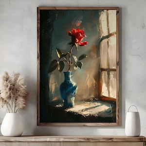 Póster de arte de pared con una rosa romántica, una rosa roja en un jarrón azul, pintura impresa, elegante decoración floral, naturaleza muerta con luz suave, descarga digital PA6-57