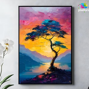 Poster da parete con albero al tramonto, stampa di un dipinto di paesaggio vibrante, arte ispirata alla natura, decorazione di montagna serena, download digitale PA6-50