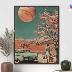 Vintage Sci Fi Wand Kunst Retro Weltraum Poster Surrealer Planet Druck Mid Century Weltraum Dekor für Wohnzimmer Vintage Auto Digitaler Download P3-24