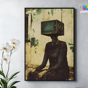 TV Head Surrealist Art Print: Retro Cyberpunk Home Decor (Digital Download)