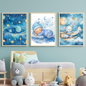 3er Set Kinderzimmer Poster mit Weltall, Bär und schlafendem Baby Poster - Charmanter Aquarell Druck für Kinderzimmer Wand Kunst Dekor Printable Poster KD6