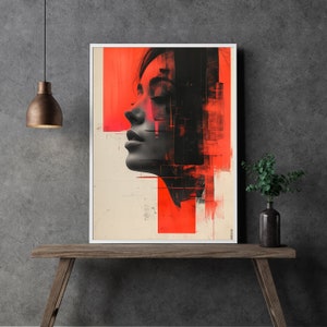 Retrato de mujer abstracta cartel de arte elegante acentos rojos y negros arte facial minimalista para la decoración del hogar contemporáneo regalo único moderno PT-1