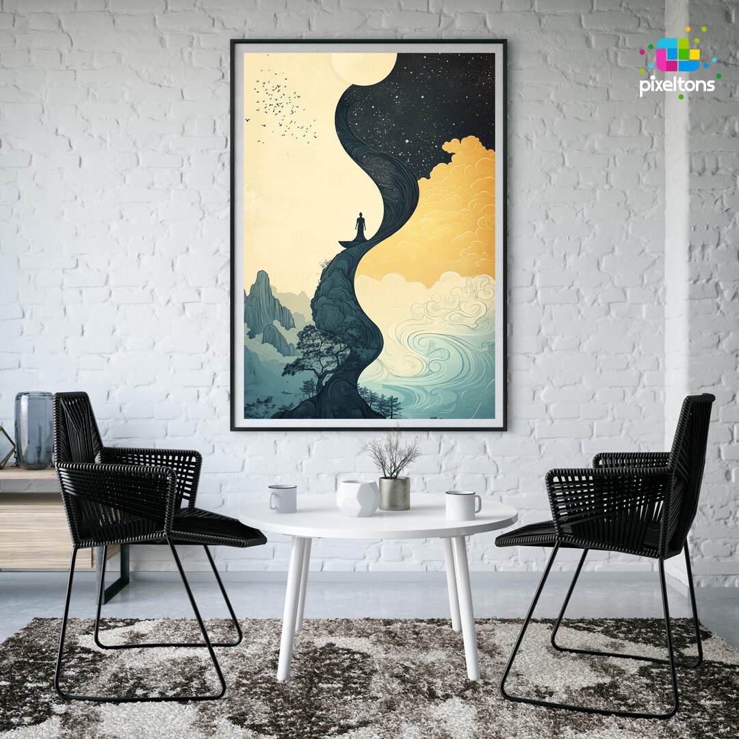 Surreal Mountain Landscape Wall Art Print Celestial Day and Night ...