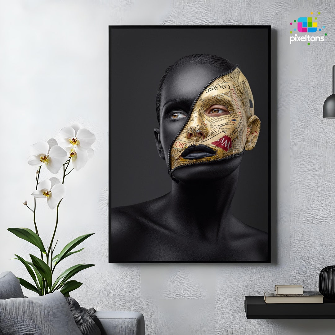 Surreal Black and Gold Face Art Poster Modern Abstract Woman Wall Art