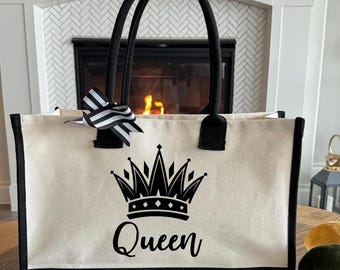 Personalized Queen Canvas Tote Bag, Crown Bachelorette Gift