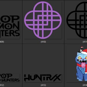 Puede incluir: Una colecci&oacute;n de dise&ntilde;os gr&aacute;ficos e ilustraciones. Incluye el texto "KPOP DEMON HUNTERS" en una fuente audaz y estilizada, un dise&ntilde;o geom&eacute;trico p&uacute;rpura, un dise&ntilde;o geom&eacute;trico negro y un gato azul con un gorro de Pap&aacute; Noel.