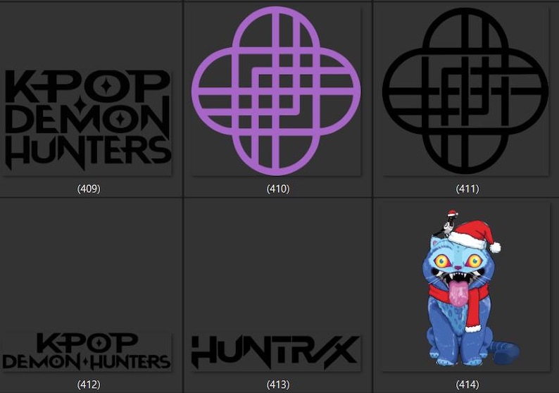 Puede incluir: Una colecci&oacute;n de dise&ntilde;os gr&aacute;ficos e ilustraciones. Incluye el texto "KPOP DEMON HUNTERS" en una fuente audaz y estilizada, un dise&ntilde;o geom&eacute;trico p&uacute;rpura, un dise&ntilde;o geom&eacute;trico negro y un gato azul con un gorro de Pap&aacute; Noel.