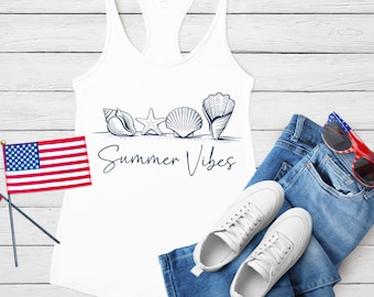 Seashell Tank Top: Black Beach Racerback - Summer Vibes
