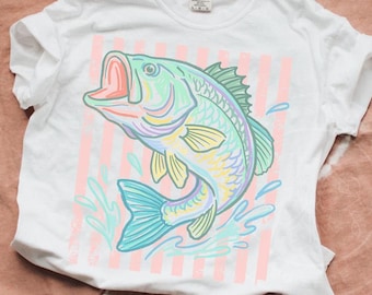 Retro Bass Fish Comfort Colors T-Shirt: Pastel Coastal Lake Fishing Graphic