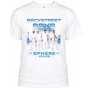 May include: A white short-sleeved t-shirt featuring a graphic print of the Backstreet Boys. The design includes the text BACKSTREET BOYS and SPHERE 2026 in blue, with a group of five individuals in white outfits standing before a blue cityscape.