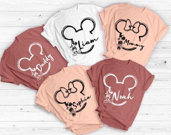 Personalized Name Disney Family Vacation Matching Shirts: Mickey and Minnie Head Shirts, Custom Disney Trip Matching Shirts