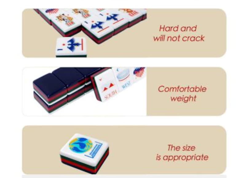 K&ouml;nnte beinhalten: Ein Set rechteckiger Mahjong-Spielsteine mit wei&szlig;en Oberseiten und geschichteten dunkelgr&uuml;nen, roten und schwarzen Unterseiten. Die Steine zeigen verschiedene bunte Illustrationen, darunter V&ouml;gel, Globen und Text. Das Bild enth&auml;lt den Text Hard and will not crack, Comfortable weight und The size is appropriate.