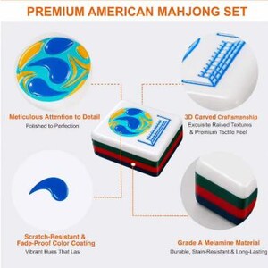 K&ouml;nnte beinhalten: Ein Spielstein f&uuml;r ein Premium American Mahjong Set mit wei&szlig;er Oberseite, blau-gelbem Grafikdesign und blauem Gittermuster. Die Seite des Spielsteins zeigt geschichtete B&auml;nder in Wei&szlig;, Gr&uuml;n, Rot und Blau. Der Text lautet PREMIUM AMERICAN MAHJONG SET.