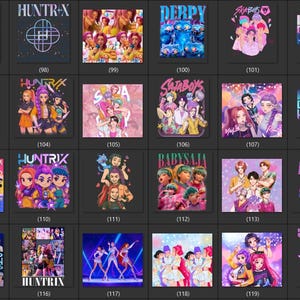 Puede incluir: Una cuadr&iacute;cula de varios dise&ntilde;os gr&aacute;ficos, con ilustraciones coloridas y texto. Los dise&ntilde;os incluyen figuras estilizadas, texto como "HUNTR+X", "DERPY" y "BABYSAJA", y las palabras "KPOP DEMON HUNTERS". La paleta de colores es vibrante.