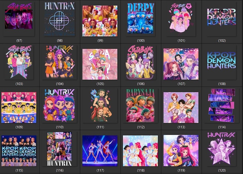 Puede incluir: Una cuadr&iacute;cula de varios dise&ntilde;os gr&aacute;ficos, con ilustraciones coloridas y texto. Los dise&ntilde;os incluyen figuras estilizadas, texto como "HUNTR+X", "DERPY" y "BABYSAJA", y las palabras "KPOP DEMON HUNTERS". La paleta de colores es vibrante.