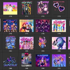 Puede incluir: Colecci&oacute;n de dise&ntilde;os gr&aacute;ficos coloridos con personajes de estilo anime y texto. Los dise&ntilde;os incluyen el texto "SAJA BOYS", "HUNTRAX" y "DERPY+TIGER". Las im&aacute;genes son vibrantes y presentan varias combinaciones de colores y estilos.