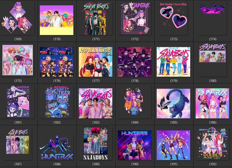Puede incluir: Colecci&oacute;n de dise&ntilde;os gr&aacute;ficos coloridos con personajes de estilo anime y texto. Los dise&ntilde;os incluyen el texto "SAJA BOYS", "HUNTRAX" y "DERPY+TIGER". Las im&aacute;genes son vibrantes y presentan varias combinaciones de colores y estilos.