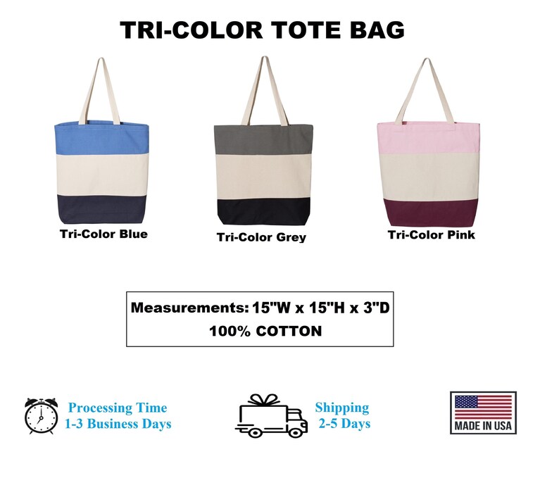 three color tote bags with measurements