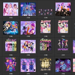Puede incluir: Colecci&oacute;n de impresiones de arte digital con ilustraciones de tem&aacute;tica K-pop. Las im&aacute;genes muestran grupos de personajes estilizados, algunos con texto como "HUNGRY" y "HUNTRAX". La paleta de colores incluye p&uacute;rpuras, azules y rosas vibrantes.