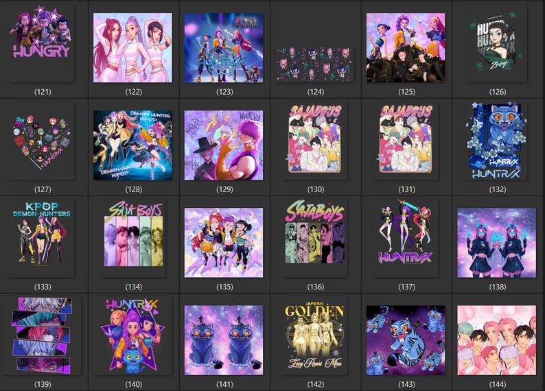 Puede incluir: Colecci&oacute;n de impresiones de arte digital con ilustraciones de tem&aacute;tica K-pop. Las im&aacute;genes muestran grupos de personajes estilizados, algunos con texto como "HUNGRY" y "HUNTRAX". La paleta de colores incluye p&uacute;rpuras, azules y rosas vibrantes.