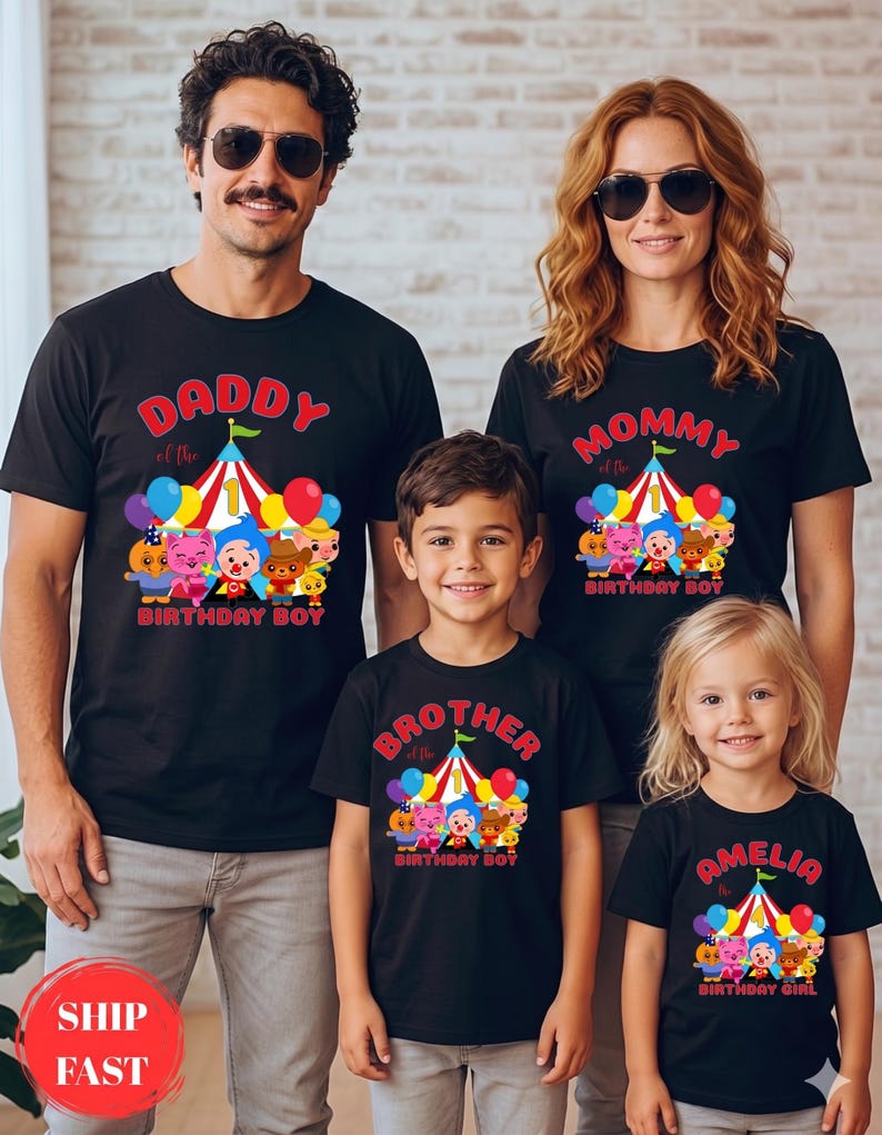 May include: Black t-shirts with colorful graphics and text for a family. The shirts read "Daddy of the Birthday Boy," "Mommy of the Birthday Boy," "Brother of the Birthday Boy," and "Amelia the Birthday Girl."