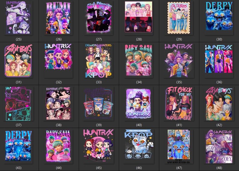 Puede incluir: Colecci&oacute;n de impresiones de arte gr&aacute;fico con varios personajes de estilo anime y texto. Los dise&ntilde;os incluyen las palabras "RUMI", "Girl Dinner", "Sajaboys", "Huntrix", "Demonhunters", "Baby Saja", "Derpy" y "KPOP". La paleta de colores es vibrante, con tonos de morado, azul y rosa.