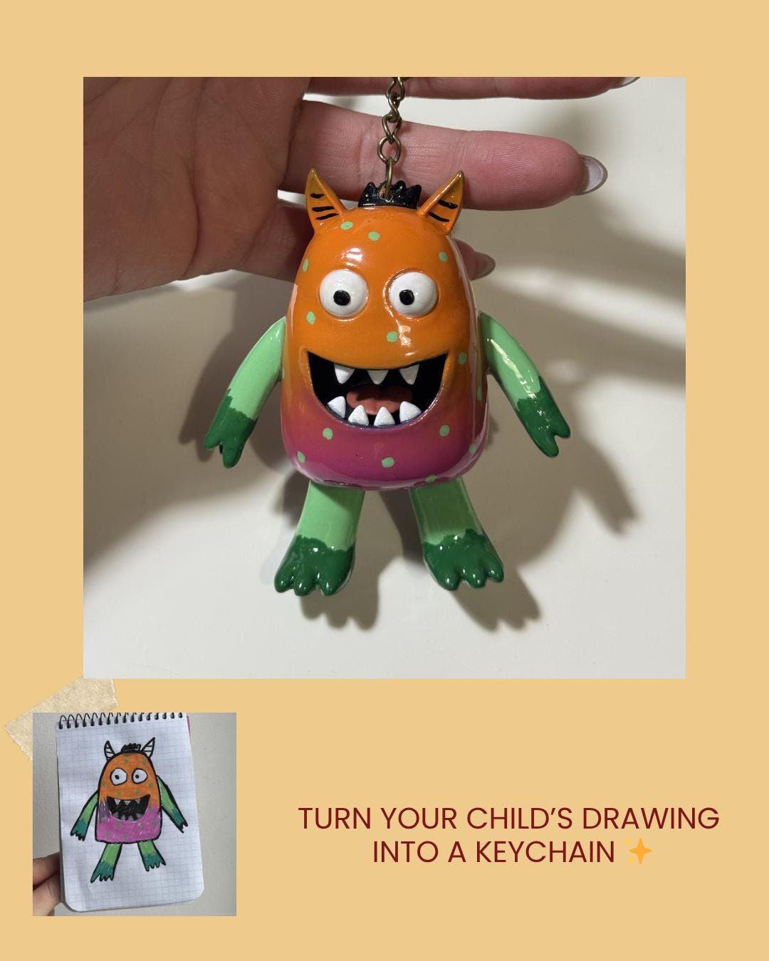 Personalized Kids Drawing Keychain, Custom 3D Artwork Keepsake ...