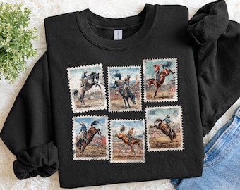 Rodeo Sweatshirt Bucking Horse, Western Cowboy Crewneck, Vintage Rodeo Stamp Sweater, Country Cowgirl Sweatshirt, Rustic Western Gift