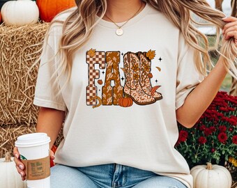 Western Fall Graphic Tee Comfort Colors Cowgirl Boots Shirt Autumn Pumpkin Patch Shirt Rust Orange Vintage Fall Shirt