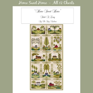 May include: A cross-stitch pattern for a sampler featuring 12 different scenes of houses and trees. The title of the pattern is "Home Sweet Home" Stitch A Long by The Bay Needlcart.